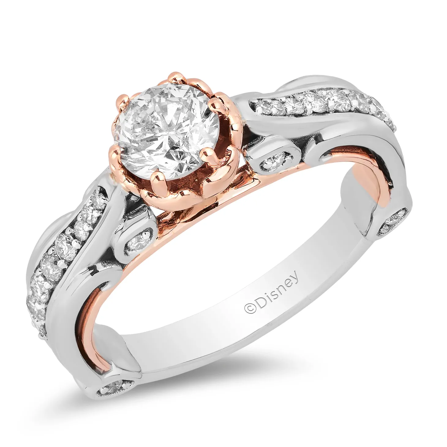 Enchanted Disney Fine Jewelry 14K White Gold and Rose Gold with 1 CTTW Belle Rose Engagement Ring