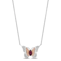 Enchanted Disney Fine Jewelry Sterling Silver and 10K Rose Gold 1/10 CTTW Diamond and Rhodolite Garnet Mulan Butterfly Necklace