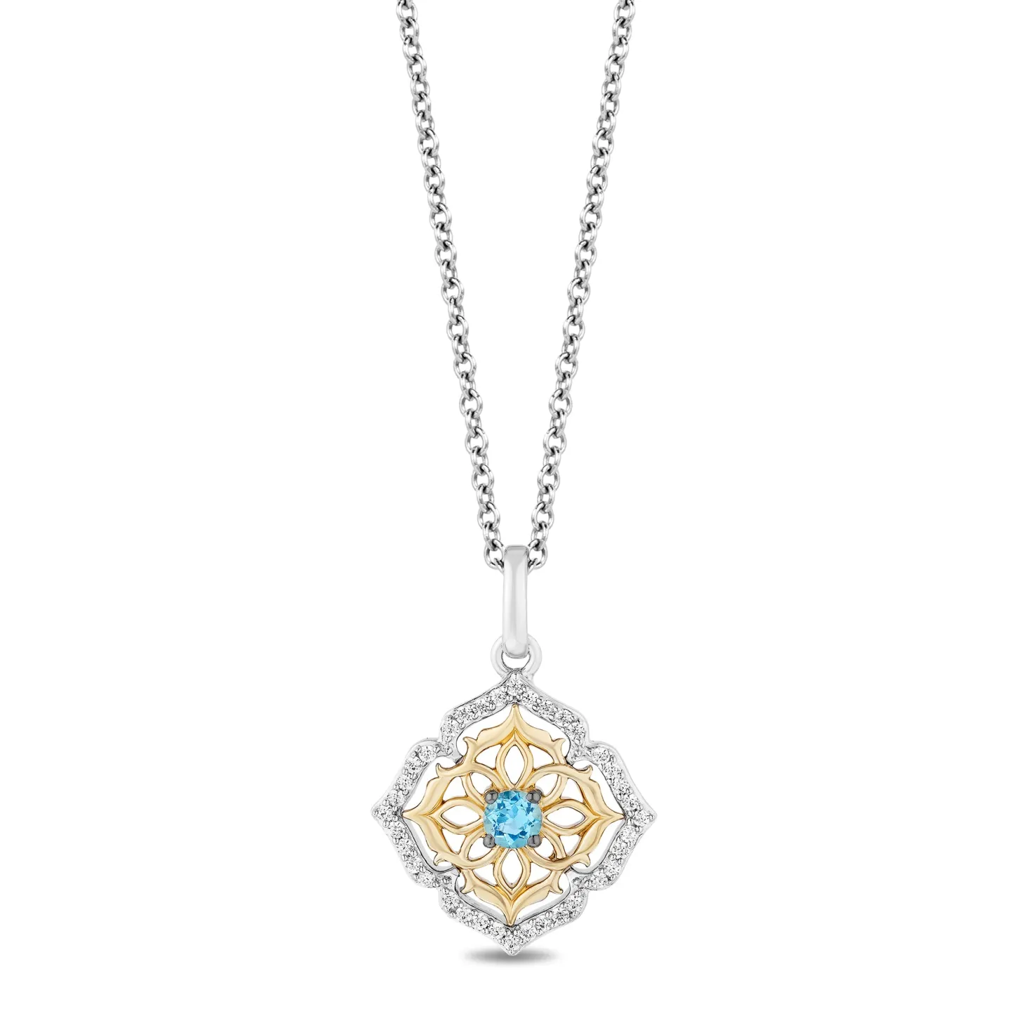Enchanted Disney Fine Jewelry Sterling Silver and 10K Yellow Gold 1/7 CTTW Diamond and Blue Topaz Aladdin 30th Anniversary Jasmine Arabesque Necklace