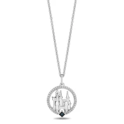 Enchanted Disney Fine Jewelry Sterling Silver with 1/10 CTTW Diamonds and London Blue Topaz Cinderella Castle Pendant Necklace