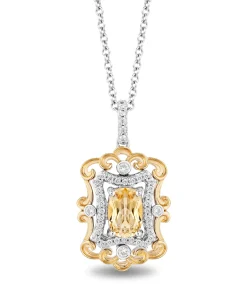 Enchanted Disney Fine Jewelry Sterling Silver and 14K Yellow Gold with 1/5 CTTW Diamond and Citrine Belle Pendant Necklace