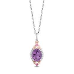 Enchanted Disney Fine Jewelry Sterling Silver and 10K Rose Gold 1/10 CTTW Diamond with Amethyst and Created Pink Sapphire Stepsisters Pendant Necklace