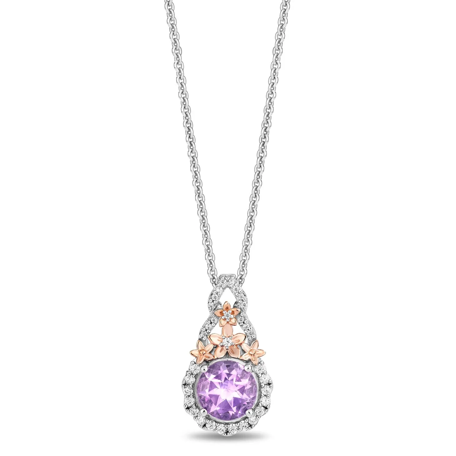 Enchanted Disney Fine Jewelry 14K Rose Gold Over Sterling Silver with 1/5 CTTW Diamonds and Rose de France Rapunzel Pendant Necklace