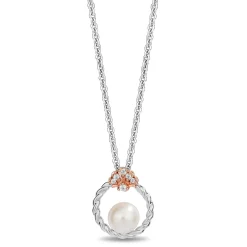 Enchanted Disney Fine Jewelry 14K Rose Gold Over Sterling Silver with 1/20 CTTW Diamonds and Fresh Water Pearl Ariel Pendant Necklace