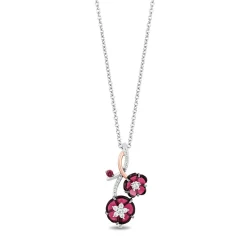 Enchanted Disney Fine Jewelry Sterling Silver and 10K Rose Gold with 1/6 CTTW Diamonds and Garnet Mulan Flower Pendant Necklace