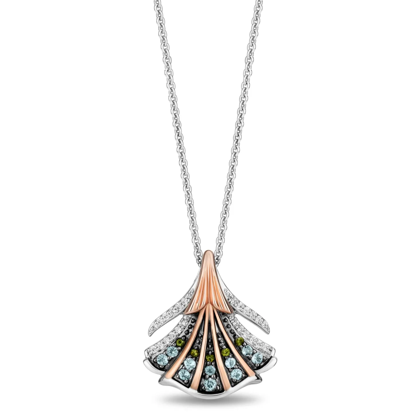 Enchanted Disney Fine Jewelry The Little Mermaid Black Rhodium over Sterling Silver and 10K Rose Gold with 1/10 CTTW Diamond and Swiss Blue Topaz with Green Tourmaline Ariel Pendant Necklace