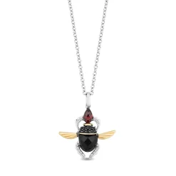 Enchanted Disney Fine Jewelry Sterling Silver and 10K Yellow Gold with 1/8 CTTW Diamonds, Garnet and Onyx Jafar Beetle Necklace