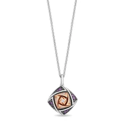 Enchanted Disney Fine Jewelry Sterling Silver and 10K Rose Gold with 1/20 CTTW Diamonds and Amethyst Wish Rosas Symbol Pendant Necklace