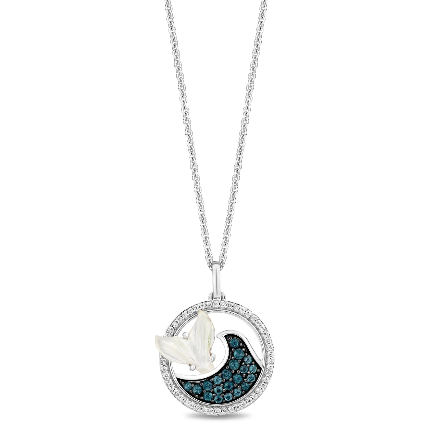 Enchanted Disney Fine Jewelry Sterling Silver with 1/6 CTTW Diamonds and Mother of Pearl Ariel Tail Pendant Necklace