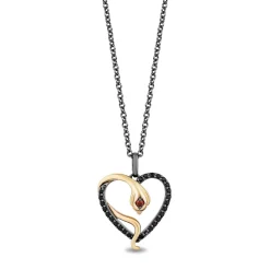 Enchanted Disney Fine Jewelry Black Rhodium Over Sterling Silver and 10K Yellow Gold 1/5 CTTW Black Diamond and Red Garnet Jafar Heart Pendant Necklace