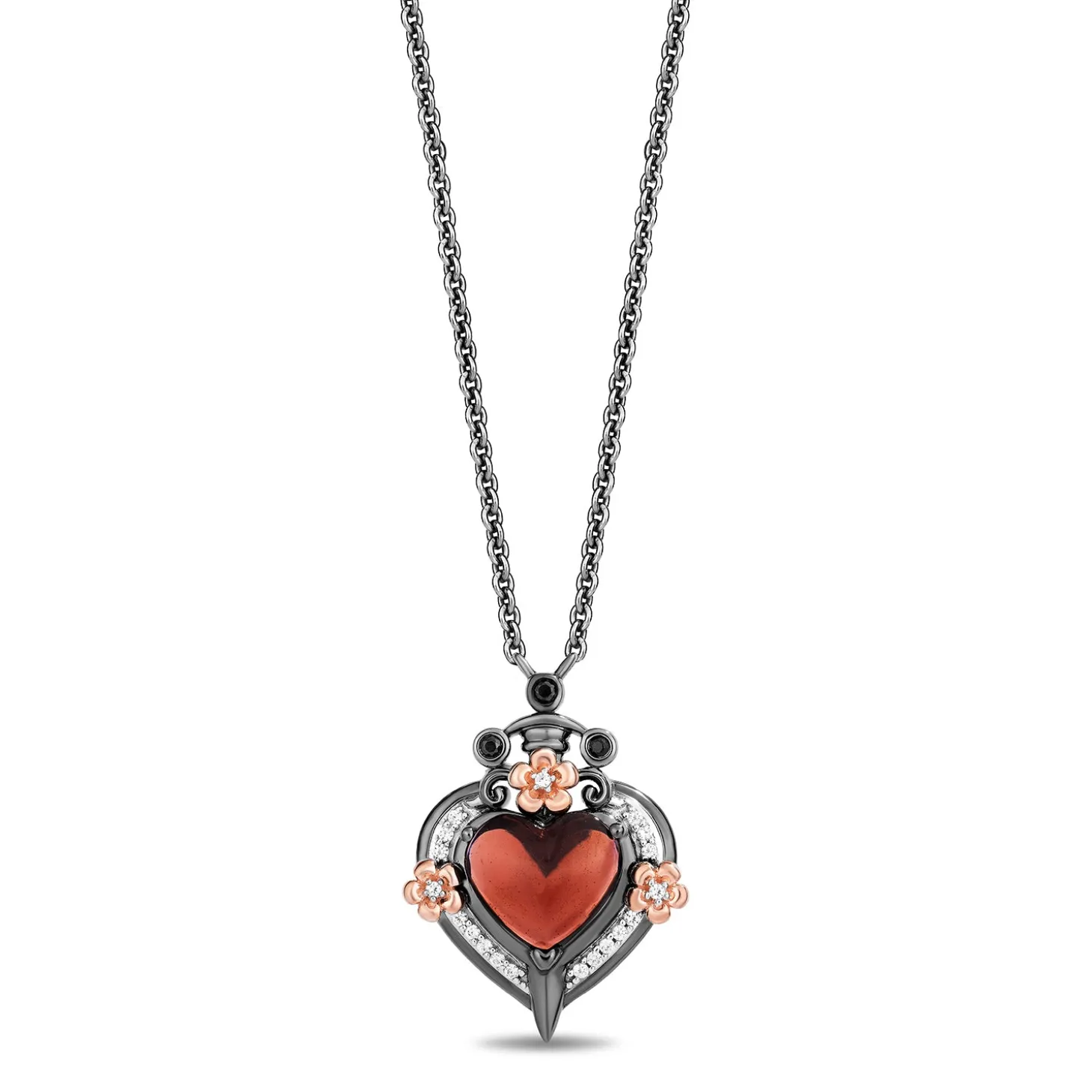 Enchanted Disney Fine Jewelry Black Rhodium Over Sterling Silver and 10K Rose Gold with 1/10 CTTW Diamonds and Heart Garnet Evil Queen Pendant Necklace