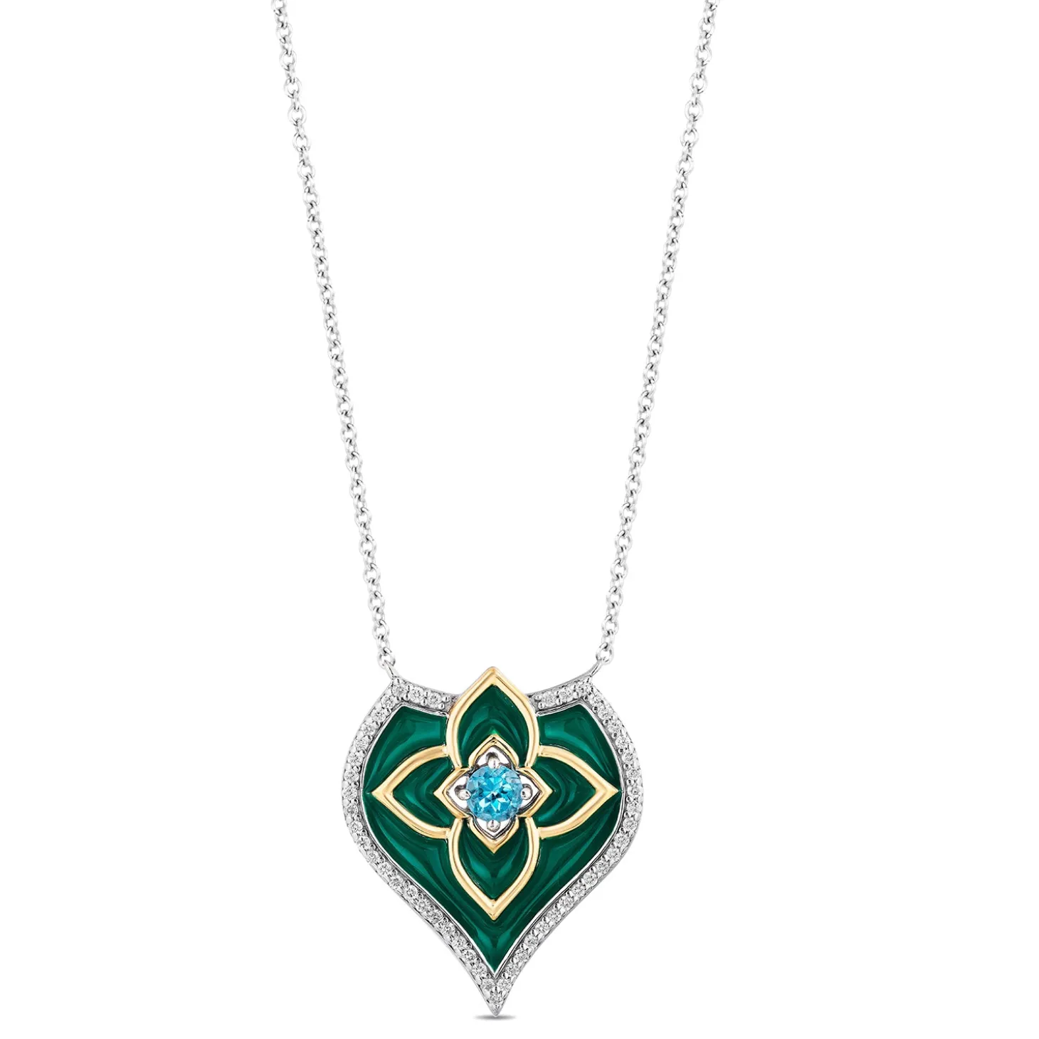 Enchanted Disney Fine Jewelry Sterling Silver and 10K Yellow Gold with 1/5 CTTW Diamond and Swiss Blue Topaz Jasmine Pendant Necklace