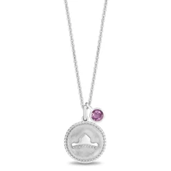 Enchanted Disney Fine Jewelry Sterling Silver with Checkerboard Created Pink Sapphire Aurora Crown Pendant Necklace