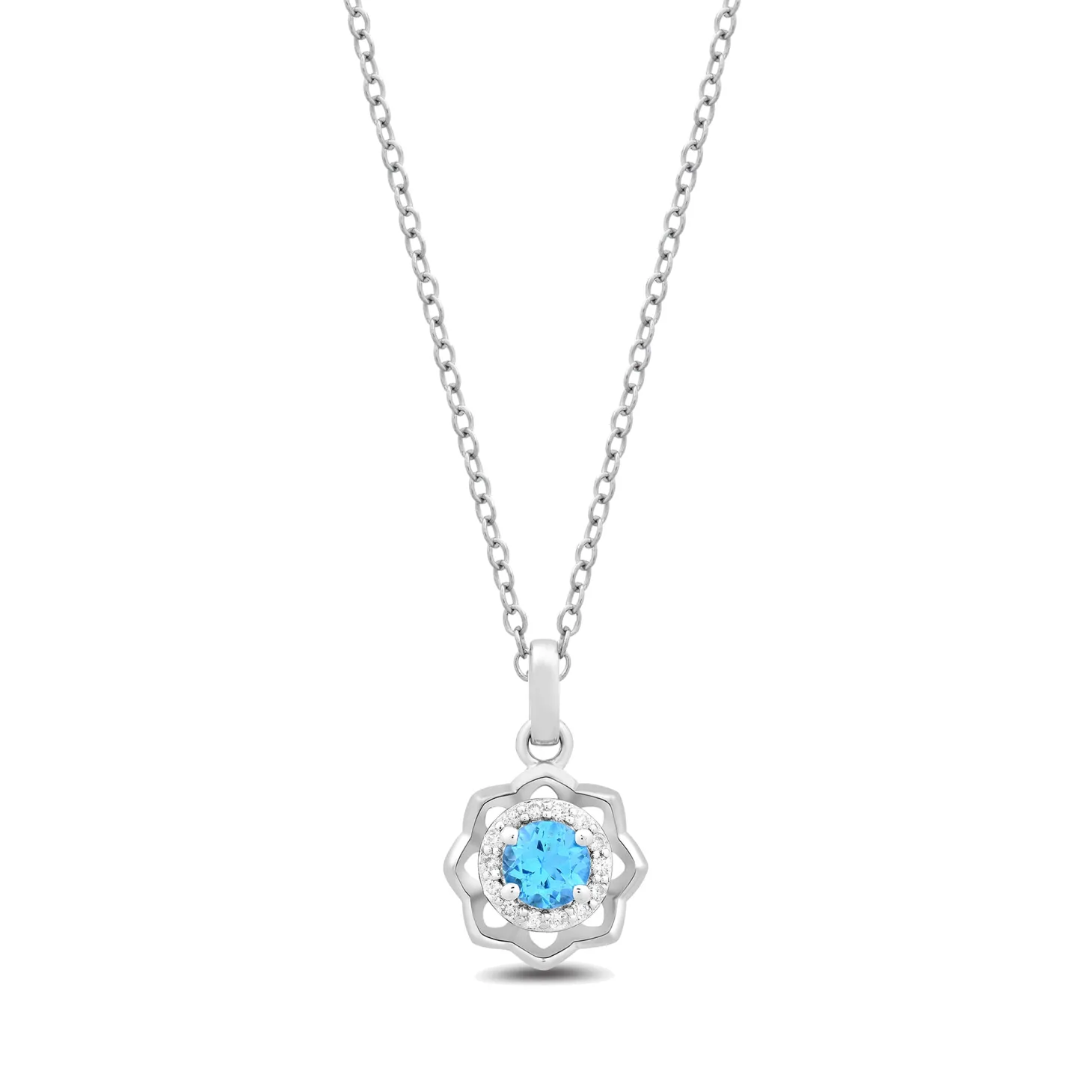 Enchanted Disney Fine Jewelry Sterling Silver with 1/10 CTTW Diamonds and Swiss Blue Topaz Jasmine Pendant Necklace
