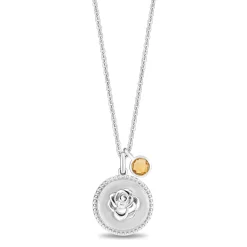 Enchanted Disney Fine Jewelry Sterling Silver with Checkerboard Citrine Belle Rose Pendant Necklace