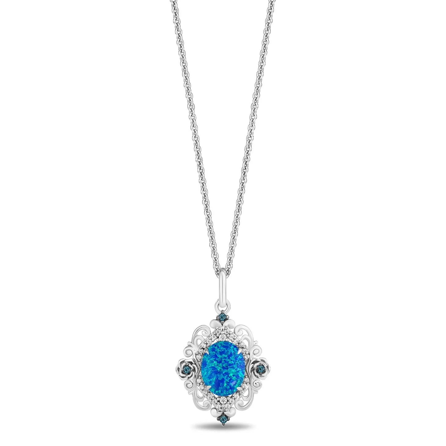 Enchanted Disney Fine Jewelry Sterling Silver with 1/10 CTTW Diamonds and London Blue Sapphire Cinderella Necklace