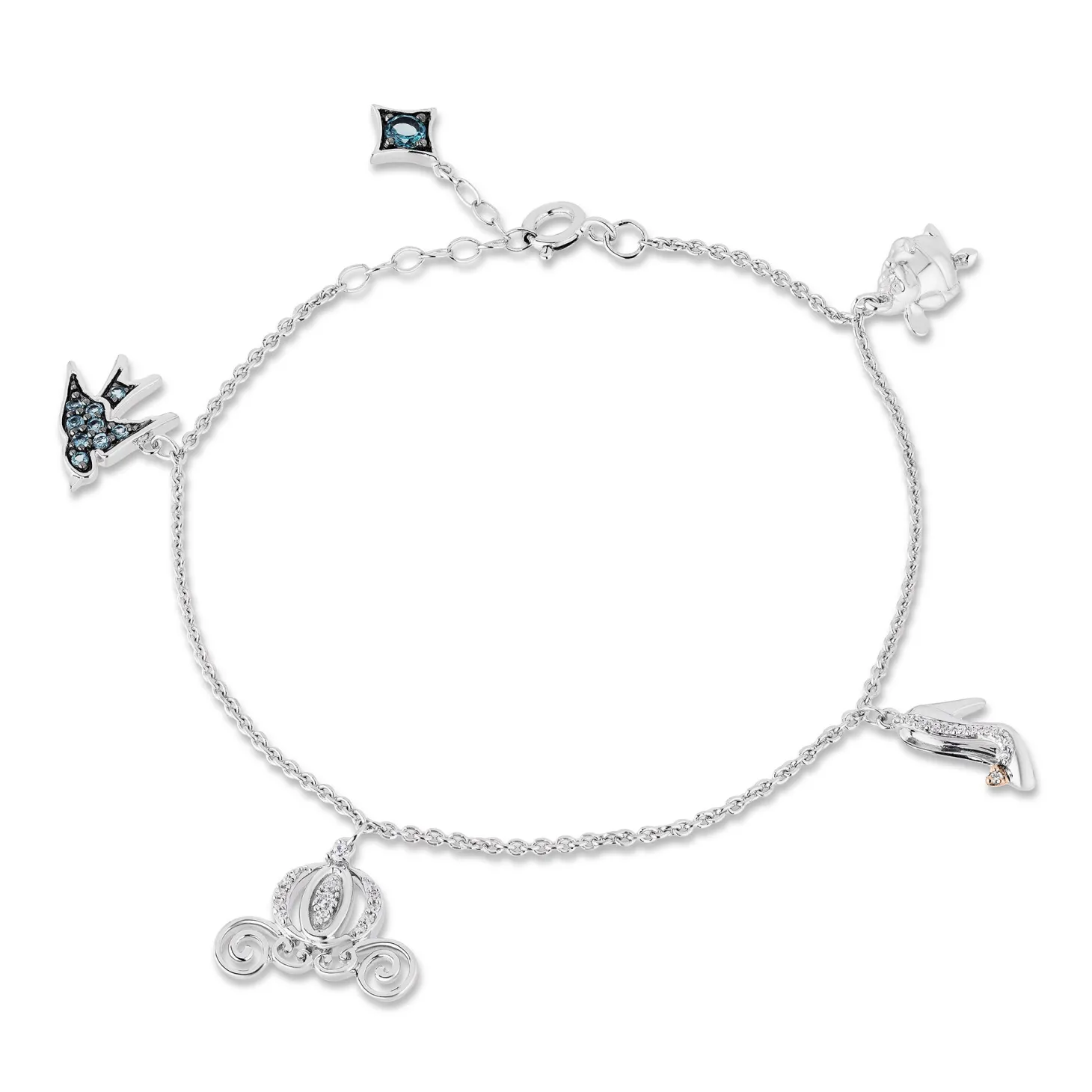 Enchanted Disney Fine Jewelry Sterling Silver and 10K Rose Gold with 1/10 CTTW Diamonds and London Blue Topaz Cinderella Charm Bracelet