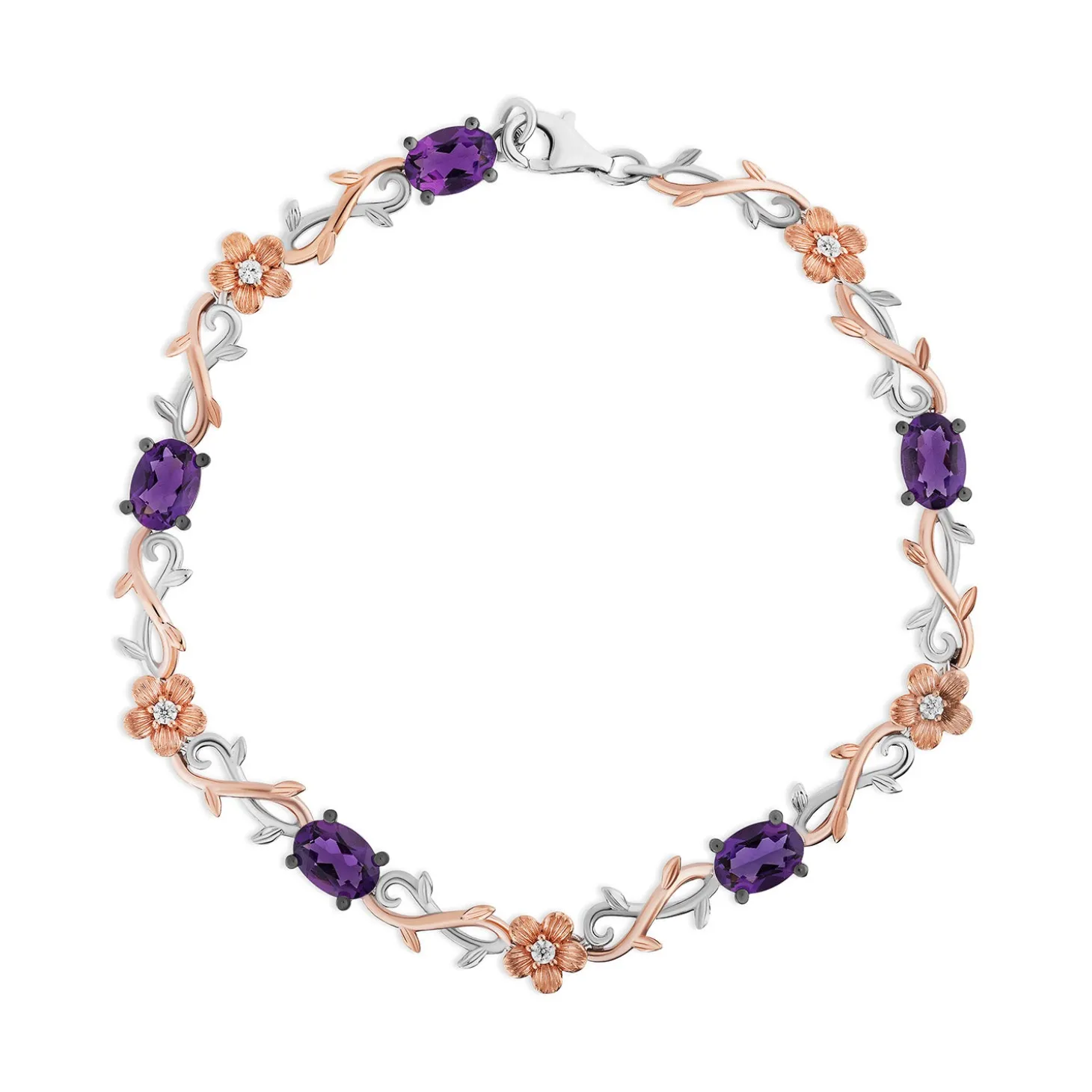 Enchanted Disney Fine Jewelry Sterling Silver and 14K Rose Gold with 1/8 CTTW Diamonds and Amethyst Rapunzel Bracelet
