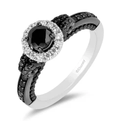 Enchanted Disney Fine Jewelry 14K White Gold with Black Rhodium Ursula Halo Engagement Ring with 1 CTTW Diamonds and Peek-a-boo Black Pearl
