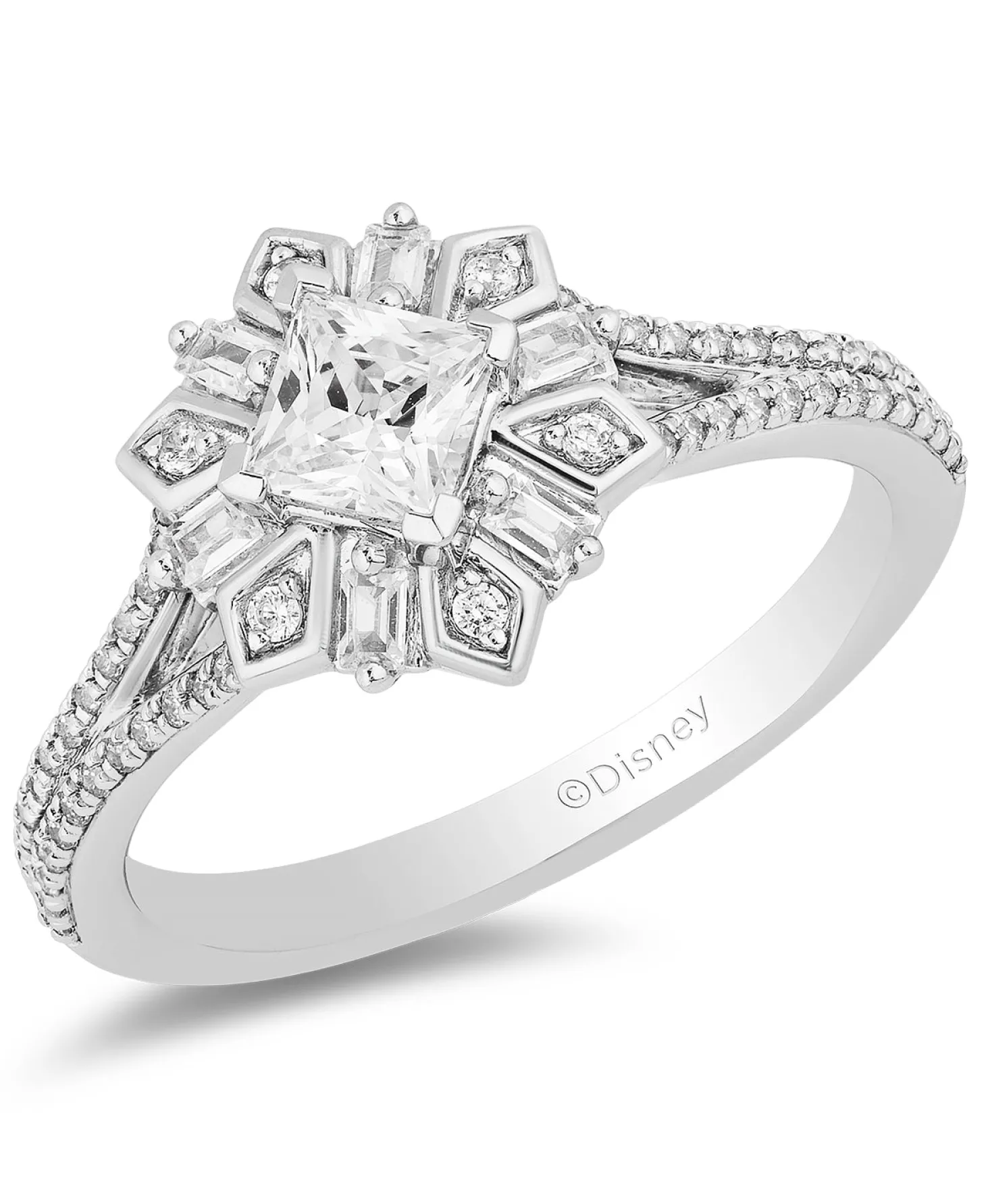 Enchanted Disney Fine Jewelry 14K White Gold with 3/4 CTTW Princess Baguette and Round Shape Diamond Elsa Snowflake Engagement Ring