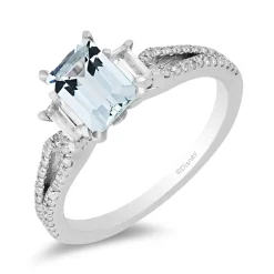 Enchanted Disney Fine Jewelry 10K White Gold with 3/8 CTTW Round and Baguette Diamond and Aquamarine Elsa Engagement Ring