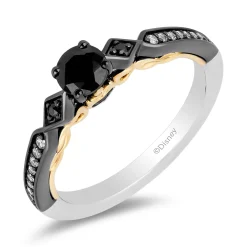Enchanted Disney Fine Jewelry 14K White Gold and Yellow Gold with Black Rhodium Evil Queen Black Diamond Engagement Ring with 5/8 CTTW Diamonds and Garnet Peek-a-boo Surprise