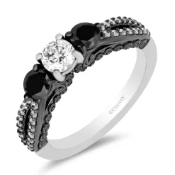 Enchanted Disney Fine Jewelry 14K White Gold with Black Rhodium Ursula Three Stone Engagement ring with Black Diamond Shoulder Stone and 1 1/4 CTTW Diamonds