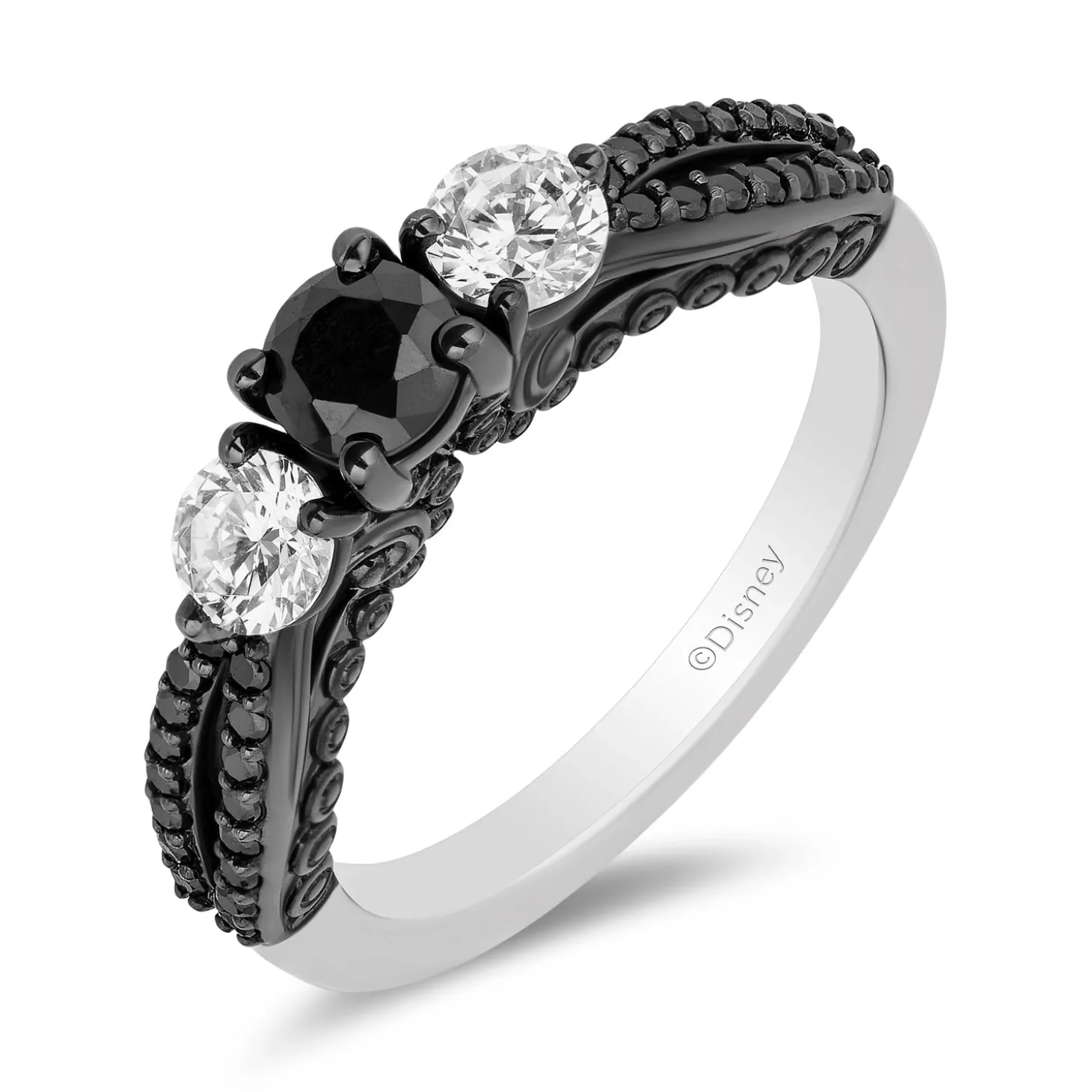 Enchanted Disney Fine Jewelry 14K White Gold with Black Rhodium Ursula Black and White diamond Three Stone Engagement ring with 1 1/4 CTTW Diamonds