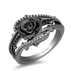Enchanted Disney Fine Jewelry Black Rhodium Over Sterling Silver with 1/5 CTTW Black and White Diamond with Black Onyx Maleficent Ring