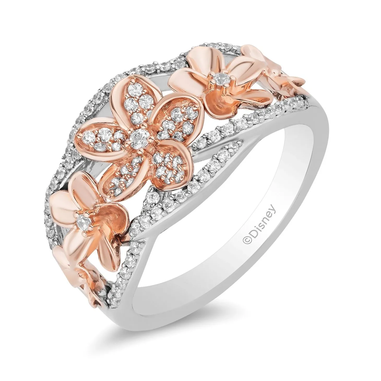 Enchanted Disney Fine Jewelry Sterling Silver and 10K Rose Gold with 1/4 CTTW Diamond Moana Plumeria Flower Ring