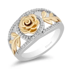 Enchanted Disney Fine Jewelry Sterling Silver and 10K Yellow Gold with 1/5 CTTW Diamond Belle 30th Rose Ring