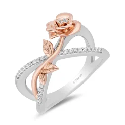 Enchanted Disney Fine Jewelry Sterling Silver and 10K Rose Gold 1/7 CTTW Diamond Belle Rose Cross Ring