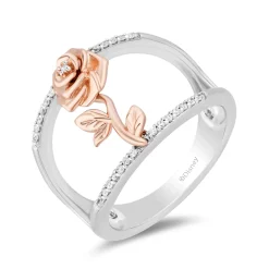Enchanted Disney Fine Jewelry Sterling Silver and 10K Rose Gold 1/10 CTTW Diamond Belle Rose Wide Ring