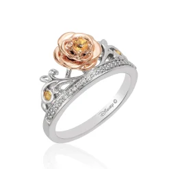Enchanted Disney Fine Jewelry 14K Rose Gold Over Sterling Silver with 1/10 CTTW Diamond with Yellow Citrine Belle Rose Ring