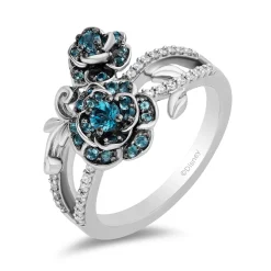 Enchanted Disney Fine Jewelry Sterling Silver with 1/6 CTTW Diamond and London Blue Topaz Cinderella 70th Gardenia Flower Ring