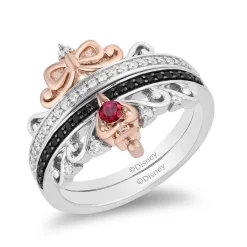 Enchanted Disney Fine Jewelry Sterling Silver and 10K Rose Gold with 1/4 CTTW Diamond and Ruby Snow White and Evil Queen Duo Ring Set