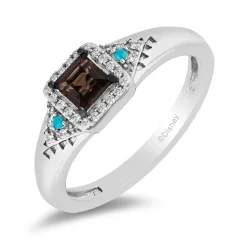 Enchanted Disney Fine Jewelry Sterling Silver with 1/10 CTTW Diamond with Smokey Quartz and Turquoise Pocahontas Ring
