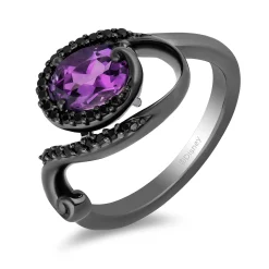 Enchanted Disney Fine Jewelry Black Rhodium over Sterling Silver with 1/5 CTTW Black Diamond and Amethyst Ursula Ring