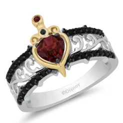 Enchanted Disney Fine Jewelry 10K Yellow Gold and Sterling Silver with 1/4 CTTW Black Diamond and Red Garnet Evil Queen Ring
