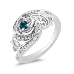 Enchanted Disney Fine Jewelry Sterling Silver with 1/6 CTTW Diamond and London Blue Topaz Cinderella 70th Anniversary Gardenia Flower Ring