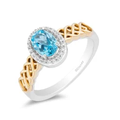 Enchanted Disney Fine Jewelry Sterling Silver and 10K Yellow Gold with 1/10 CTTW Diamond and Swiss Blue Topaz Brave 10th Anniversary Collectors Merida Halo Ring