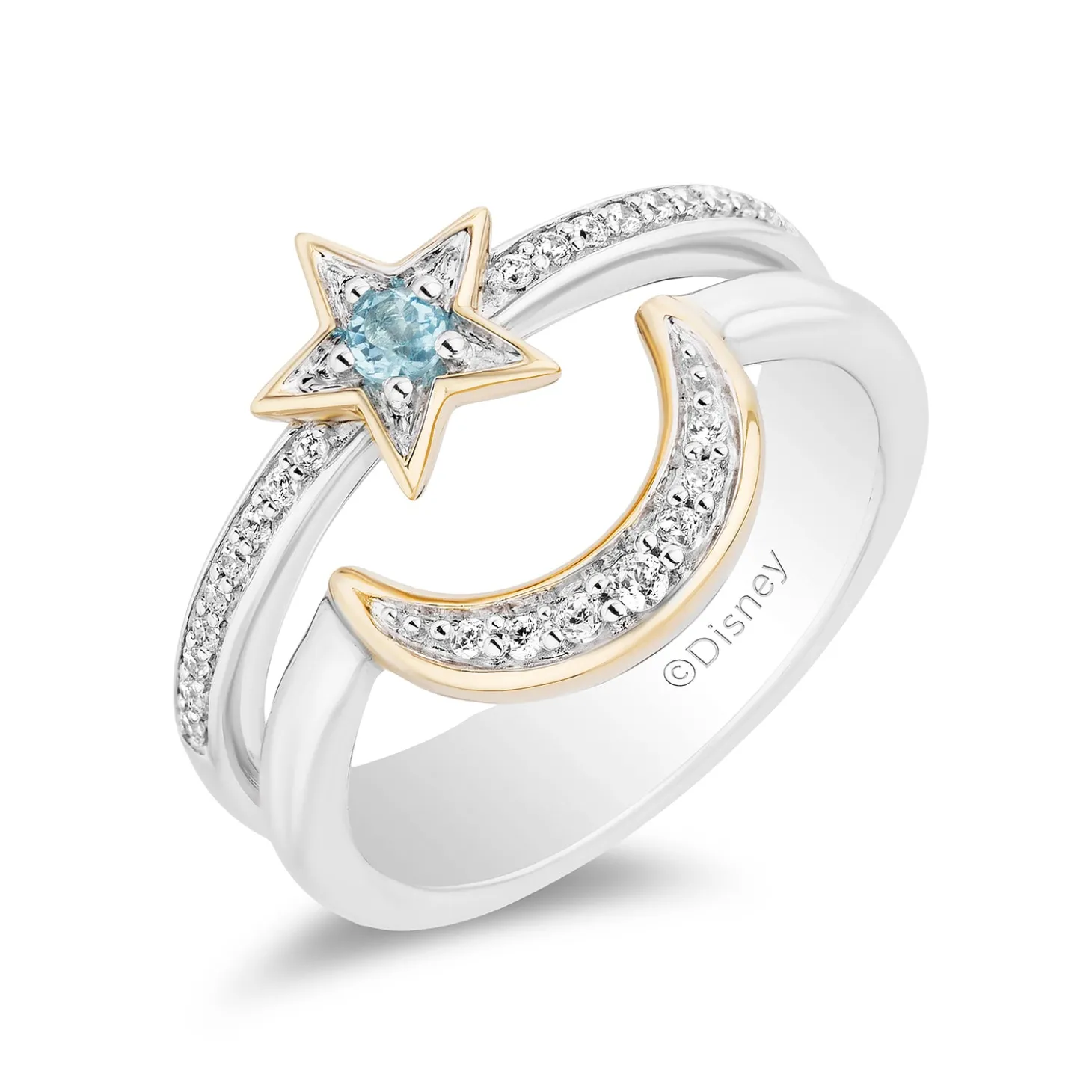Enchanted Disney Fine Jewelry Sterling Silver and 10K Yellow Gold with 1/6 CTTW Diamond and Swiss Blue Topaz Aladdin 30th Anniversary Jasmine Ring