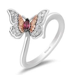 Enchanted Disney Fine Jewelry Sterling Silver and 10K Rose Gold 1/10 CTTW Diamond and Rhodolite Garnet Mulan Butterfly Ring