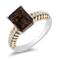 Enchanted Disney Fine Jewelry Sterling Silver and 10K Yellow Gold with 1/10 CTTW Diamond and Smokey Quartz Pocahontas Feather Ring
