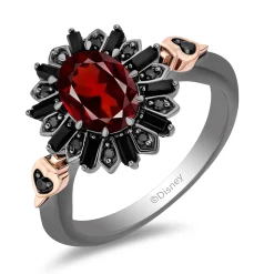Enchanted Disney Fine Jewelry Black Rhodium Over Sterling Silver and 10K Rose Gold 1/10 CTTW Black Diamond with Black Onyx and Red Garnet Evil Queen Throne Ring
