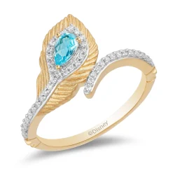 Enchanted Disney Fine Jewelry 10K Yellow Gold 1/6 CTTW Diamond with Swiss Blue Topaz Jasmine Peacock Feather Ring