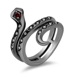 Enchanted Disney Fine Jewelry Black Rhodium Over Sterling Silver with 1/10 CTTW Diamond and Red Garnet Jafar Serpent Ring