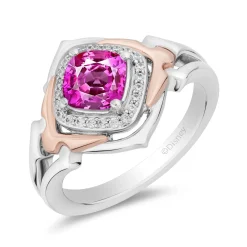 Enchanted Disney Fine Jewelry 14K Rose Gold Over Sterling Silver with 1/10 CTTW Diamonds and Created Pink Sapphire Aurora Ring