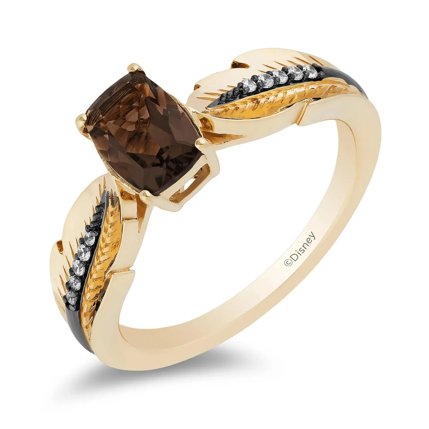 Enchanted Disney Fine Jewelry 10K Yellow Gold with 1/20 CTTW Diamond and Smokey Quartz Pocahontas Feather Ring