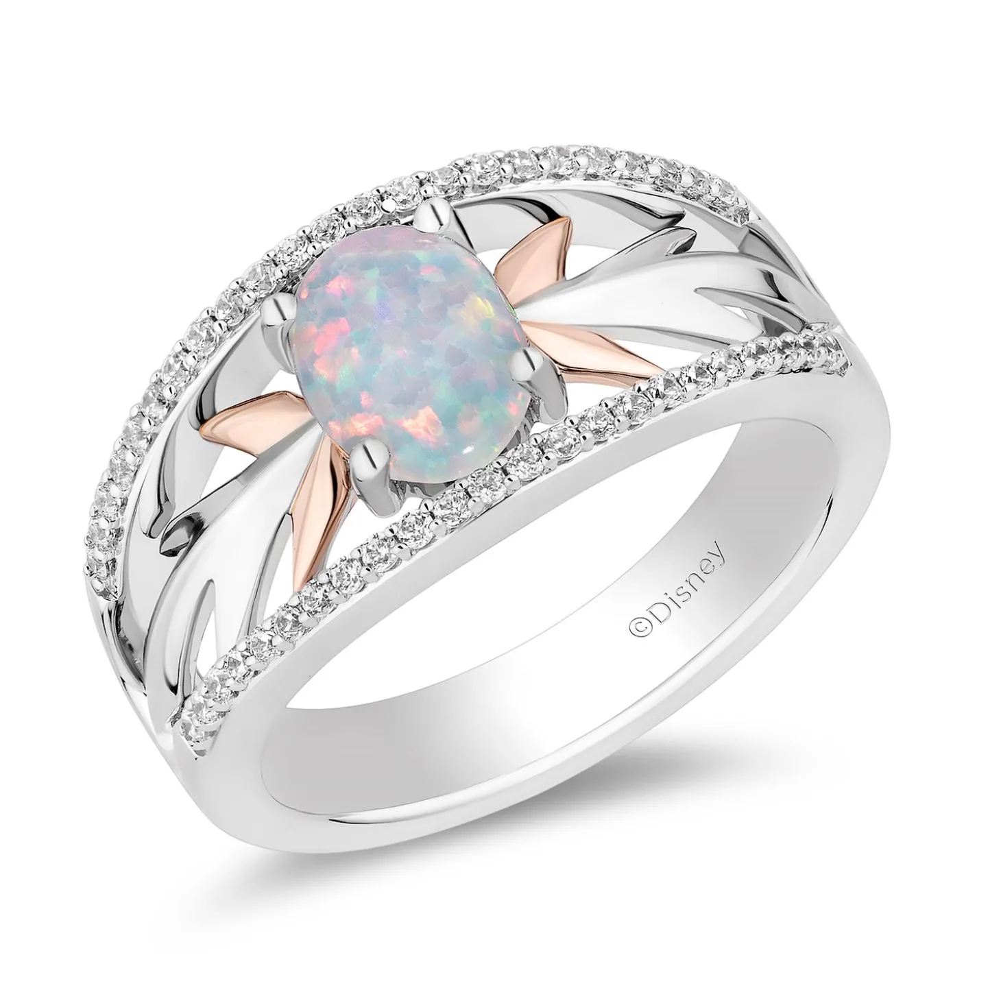 Enchanted Disney Fine Jewelry 14K Rose Gold Over Sterling Silver with 1/5 CTTW Diamonds and Created Opal Elsa Ring